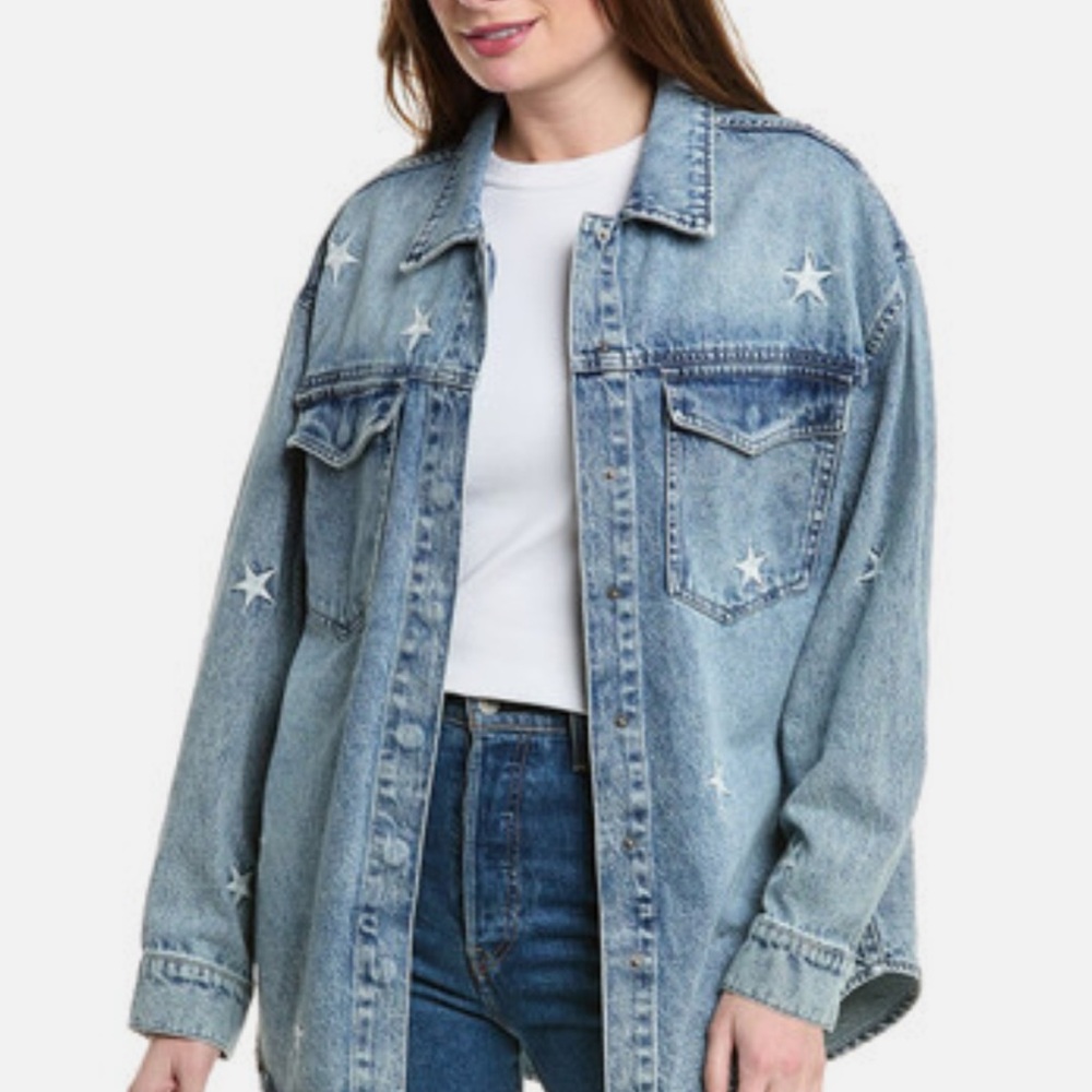 PISTOLA Mandy Oversized Women's Blue Embroidered Denim Oversized Jacket Shacket.